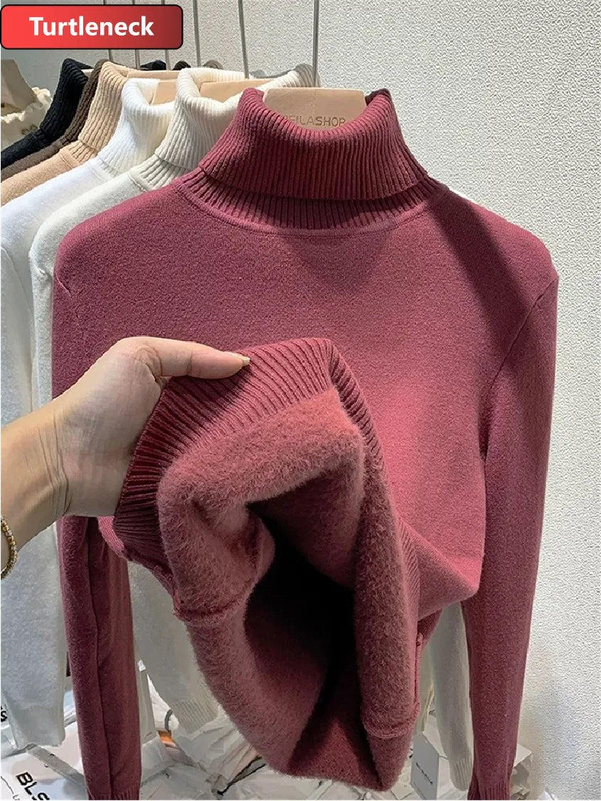 Pullover Für Frauen Winter Verdicken Rollkragen Schlank Stricken Pullover Neue Warme Plüsch Samt Gefüttert Strickwaren Jumper Tops Casual Poleras