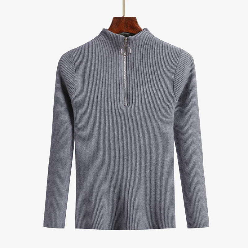 Frauen Fashion Solid Strick Pullover Vintage Langarm Zip-up Grundlegende Hälfte Rollkragenpullover Weibliche Pullover Chic Casual Tops
