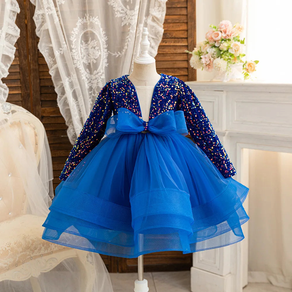 2024 Mädchenkleidung, Pailletten, High-End-Schleife, Puffrock, Kindergeburtstag, Bankett, Abendkleid, 3–10 Jahre alt, Ballettaufführung