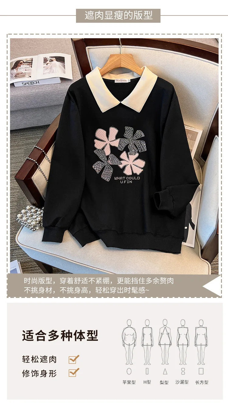 170 kg Plus Size Damen-Büste 170 Frühling Herbst Loose Diamond Collared Sweatshirt Schwarz 4XL 5XL 6XL 7XL 8XL 9XL