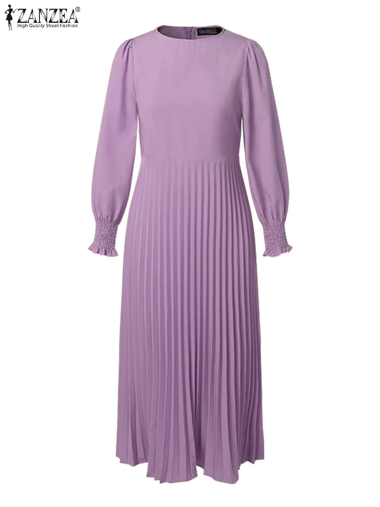 ZANZEA Elegantes Damen-Plisseekleid, edel, gesmokte Bündchen, langärmelig, O-Ausschnitt, Fit und Flare, lang, Vestidos, Pendeln, solide Party-Roben