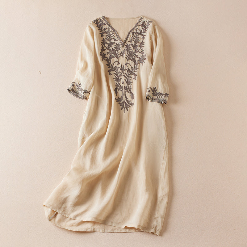 Vintage bedruckte Frauen kleider neue französische lose V-Ausschnitt Kleidung Kurzarm Sommer A-Linie Stickerei Empire Kleid