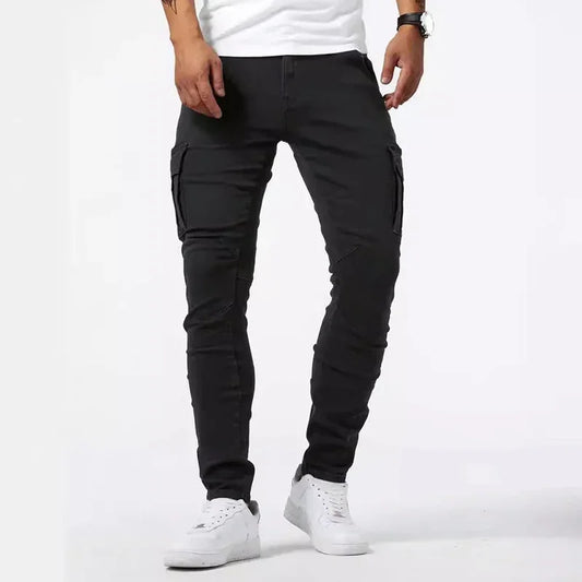 Men Casual Pencil Jeans Male Elastic Multi Pocket Small Slim High Street Denim Pants Wash Solid Color Mid Waist Cargo Jeans.