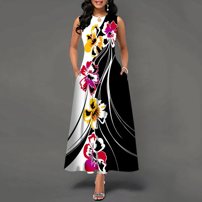 Blumendruck Neues lässiges ärmelloses langes Kleid Damen V-Ausschnitt bedrucktes Kleid Swing Bohemian Retro Kleider