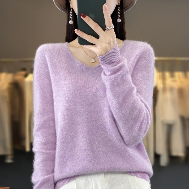 2024 100% Merino Reine Wolle V-ausschnitt Herbst Und Winter Pullover Pullover Neue Kaschmir Pullover frauen Beiläufige Gestrickte Top DMR201