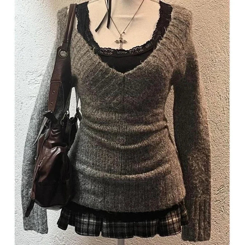 Deeptown Sexy Gestrickte Pullover Frauen V-ausschnitt Vintage Frühen Y2k Grunge Pullover Mujer Herbst Mode Langarm Pullover Schlank