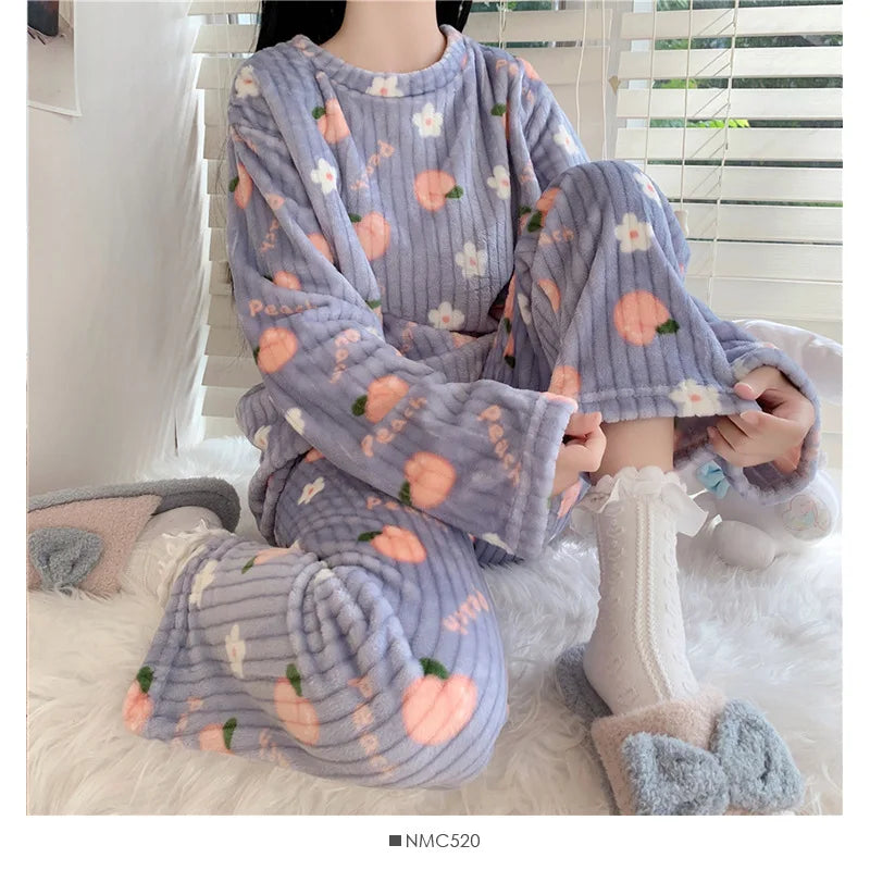Winter-Damen-Pyjama-Homewear-Anzug, neues warmes Set aus Korallen-Fleece für Herbst und Winter, bequemer warmer Pyjama-Homewear-Anzug
