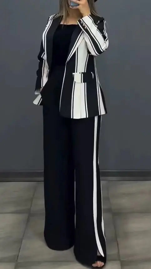 Women Striped Print Suits+pants Two Piece Sets Autumn Winter Casual Wide Leg Pants Sets Office Ladies Elegant Coats Outfits.