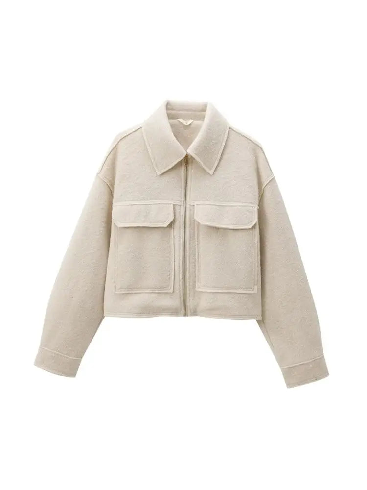 TRZA-Kurzjacke mit Taschen für Damen, Langarmmantel, Reißverschluss vorne, Damenoberbekleidung, schicke Oberteile, Mode
