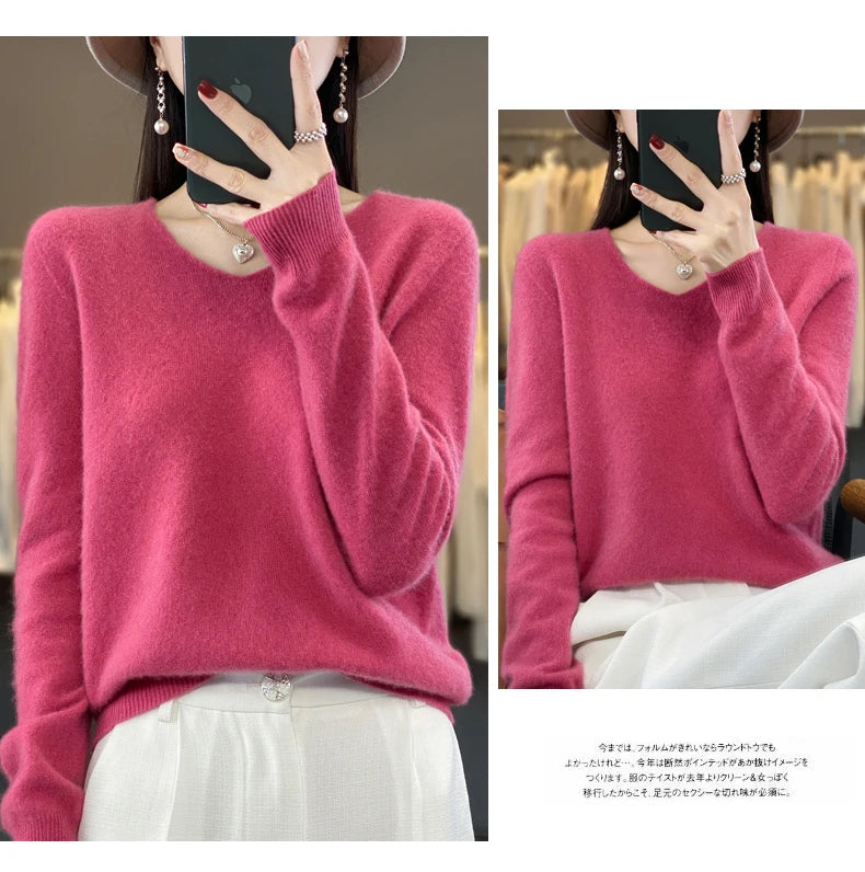 2024 100% Merino Reine Wolle V-ausschnitt Herbst Und Winter Pullover Pullover Neue Kaschmir Pullover frauen Beiläufige Gestrickte Top DMR201