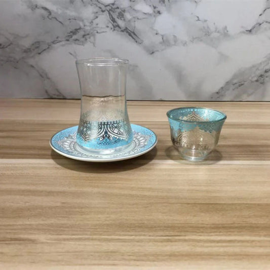Turkish Tea Glasses Cups Set With Saucers Coffee Cup Romantic Exotic Glass Tea Cup Blue Gold Kitchen Decoration Drinking 3pcs.