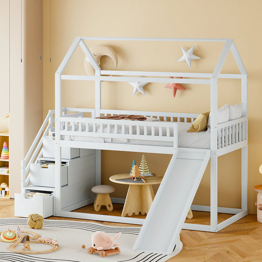 Etagenbett Stockbett 90x200cm mit Stauraumleiter, Hochbett mit Rausfallschutz, Kinderbett mit Lattenrost und Rutsche