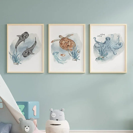 Posters And Prints Whale Fish Shark Octopus Turtle Sea Animals Nursery Wall Art Canvas Painting Pictures Baby Kids Room Decor.