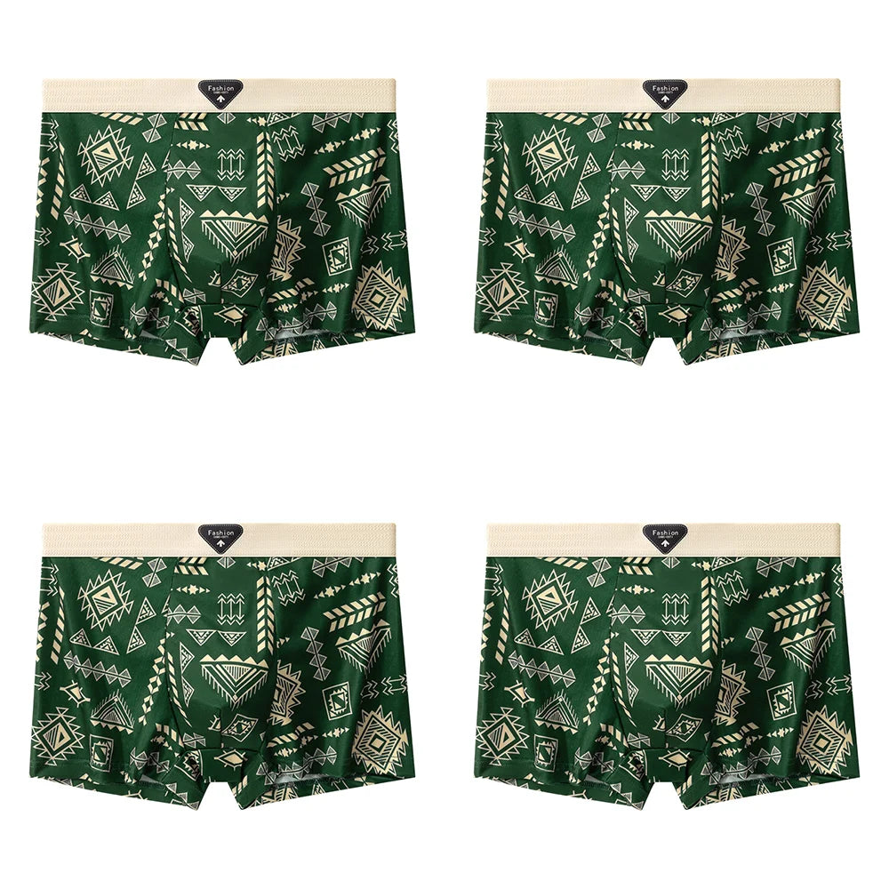4Pcs Boxer Shorts männer Unterwäsche Eis Seide Unterhose Sexy Höschen Gedruckt Boyshort Atmungsaktive Elastische Dessous Plus Größe L-4XL