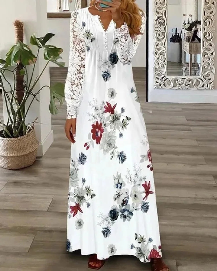 Frühjahr/Sommer Mode frauen Kurzarm Gedruckt Spitze Kleider Elegante frauen Weiß V-ausschnitt Slim Fit Party Lange vestidos