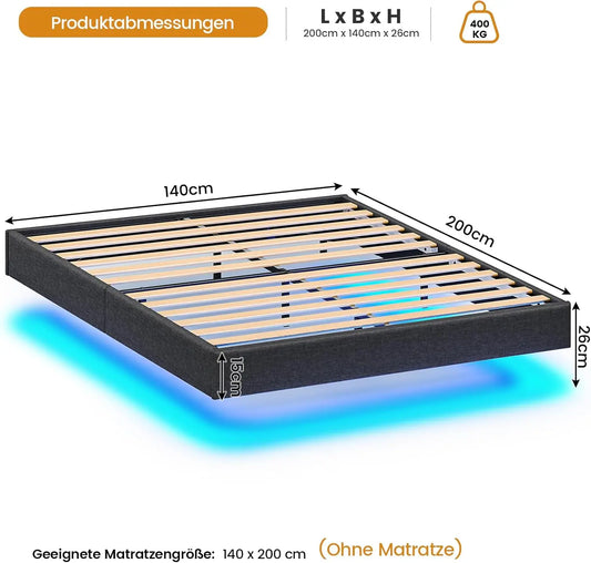 140 x 200 Lattenrost aus Holz mit LED-Beleuchtung, Plüsch, 140 x 200 cm, gepolstertes Bett, graues Leinen-Kopfteil, Schlafzimmermöbel