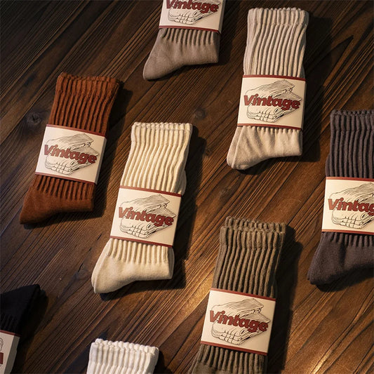 Men's Vintage Male Medium Tube Socks Unisex Japanese Solid Color Thickened Sports Socks Towel Bottom Couple Knitted Casual Socks.