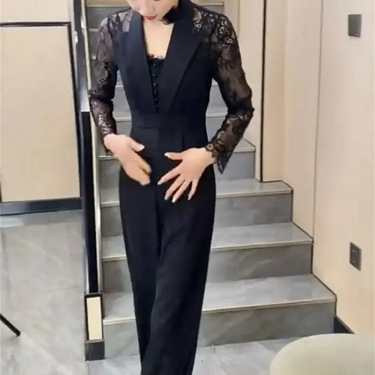 BESTBAFU Sexy Lace Patchwork Sheer Jumpsuit Women Spring Elegant Office Formal Outfit Black High Waist Wide Leg Romper 126P.