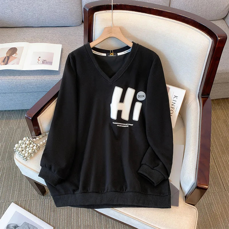 150kg plus size Damen büste Herbst Frühling loser V-Ausschnitt Brief druck Langarm Sweatshirt 6xl 7xl 8xl 9xl 10xl