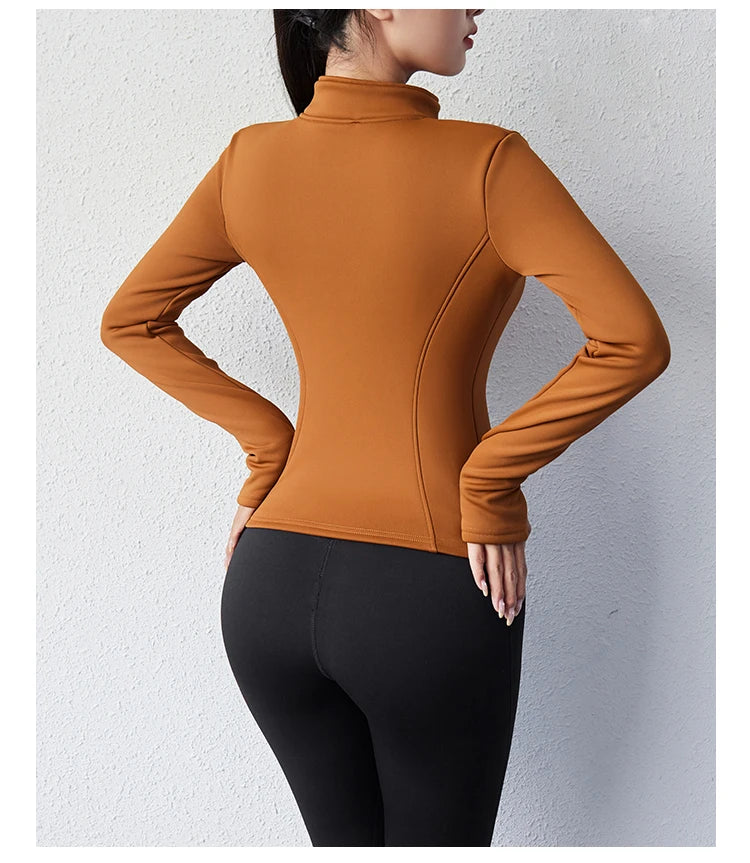 Damen Winter-Fleece-Yoga-Jacke mit durchgehendem Reißverschluss, langen Ärmeln, Workout, Activewear, Sport-Fleece-Yoga-Jacke mit Daumenloch