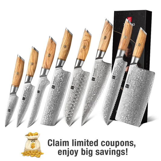 XINZUO 1-8pcs Kitchen Knife Set 73 Layers Custom Damascus Steel 15°±1 Per Side Steel Blade with Olive Wood Handle.