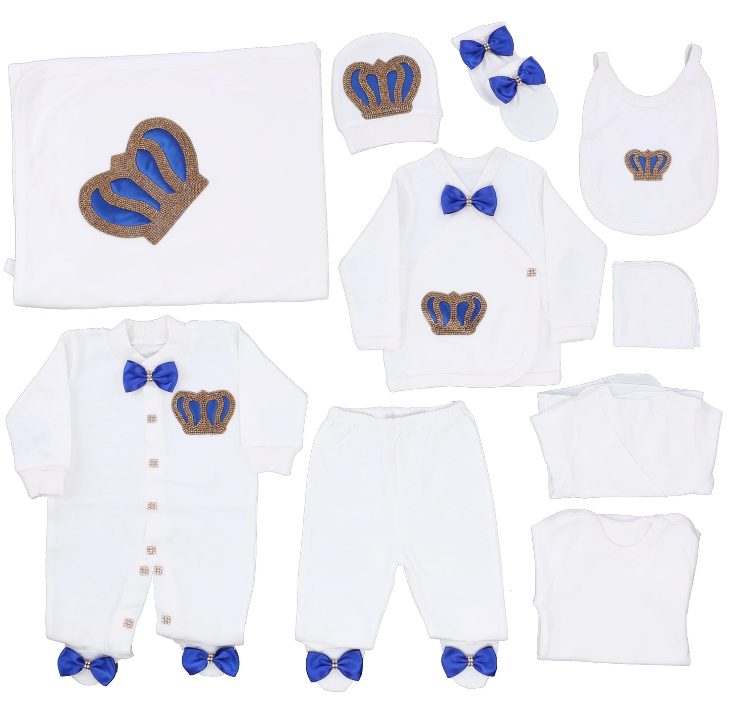 10-teiliges blaues 100 % Baumwollgewebe, gestrickt, Großhandel, individuell gestaltet, Neugeborene, neues Design, Winterkleidung, Kleidung, Luxus-Baby-Strampler-Set