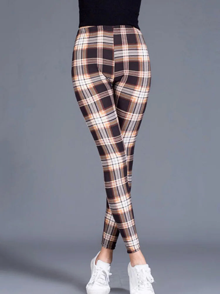 CUHAKCI Mode Plaid Druck Leggings Frauen Sexy Fitness Leggins Grid Floral Streifen Hosen Hohe Taille Bleistift Hosen