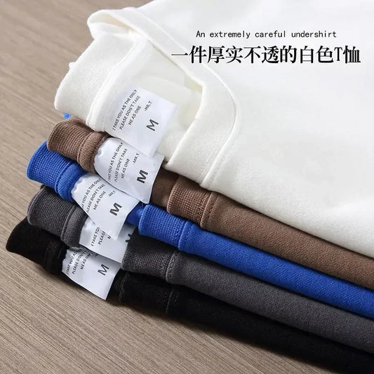 Black White GSM 500g Heavy-duty Pure Cotton T-shirt Thickened Threaded Round Neck Short Sleeves Three Needle Half Sleeve Tees.