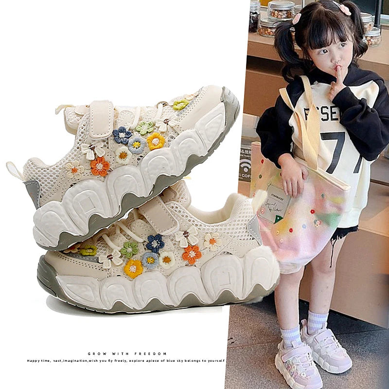 Girls Flowers Sports Shoes Children Princess Embroidered Running Shoes Air Mesh Girls Casual Sneakers Summer 2025 New