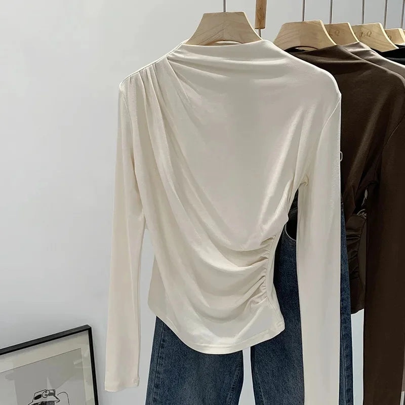 Early Autumn Pure Color High Neck Pleated Slim Fit Sexy Base Shirt Women's Fashionable Crew Neck T-shirt Full Sleeve China Origi