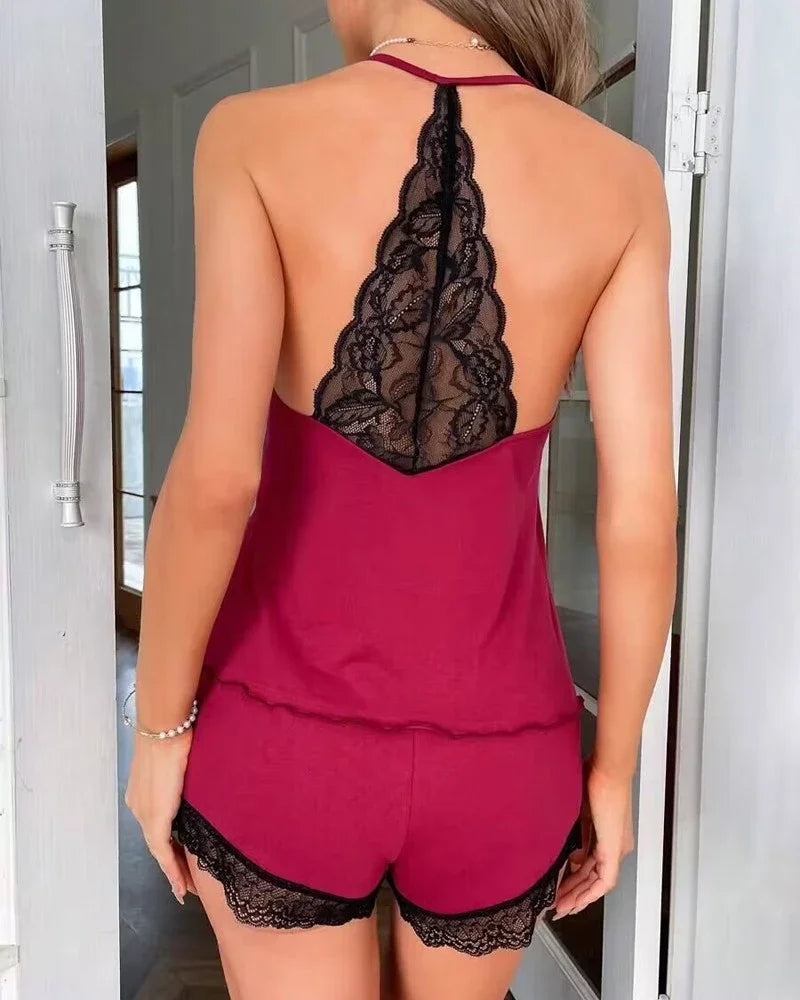 Damen-Pyjama mit Häkelspitze, 2-teilig, ärmellos, V-Ausschnitt, lässiger Nachtwäsche-Anzug, sexy, solide Heimkleidung, Sommerkleidung