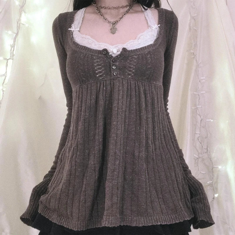 2000er Jahre Vintage Langarm Babydoll Strickpullover Tops Cottage Milkmaid Pullover Ästhetische Grunge Y2k Strickwaren T-Shirts Damen