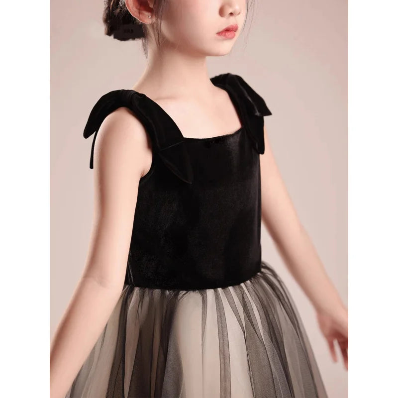Kinderkleid Mädchen Mode Klavier Violine Performance Kleid Schwarz Samt Mesh Host Chor