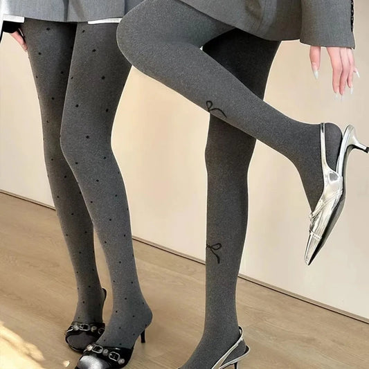 Autumn 80D Bow Gray Velvet Seamless Pantyhose Women Printed Leggings Bottoming Socks Thick Footed Socks Compression Tights