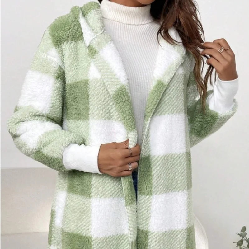 Frauen Herbst Winter Doppel Fleece Plaid Strickjacke Weiche Lose Lange Hülse Plüsch Warme Mit Kapuze Jacke Weibliche Patchwork Oberbekleidung Mantel