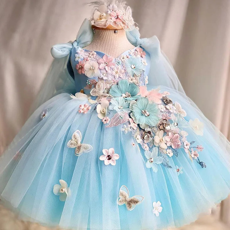 Luxuriöses und elegantes Schmetterlingsmädchen-Prinzessinnenkleid für 0–6 Jahre, formelle Jubiläumsfeier, flauschiges Kleid, Modellkunst, Aufführung