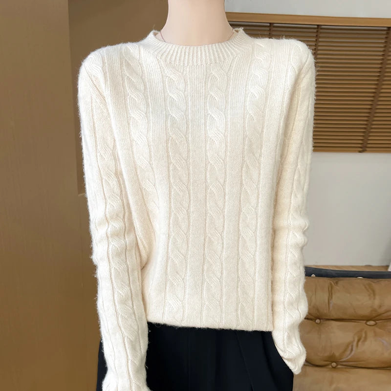 Frauen 100% Merino Wolle Verdickung Pullover Oansatz Gestrickte Twisted Pullover Herbst Winter Kaschmir Langarm Kleidung Basis Tops