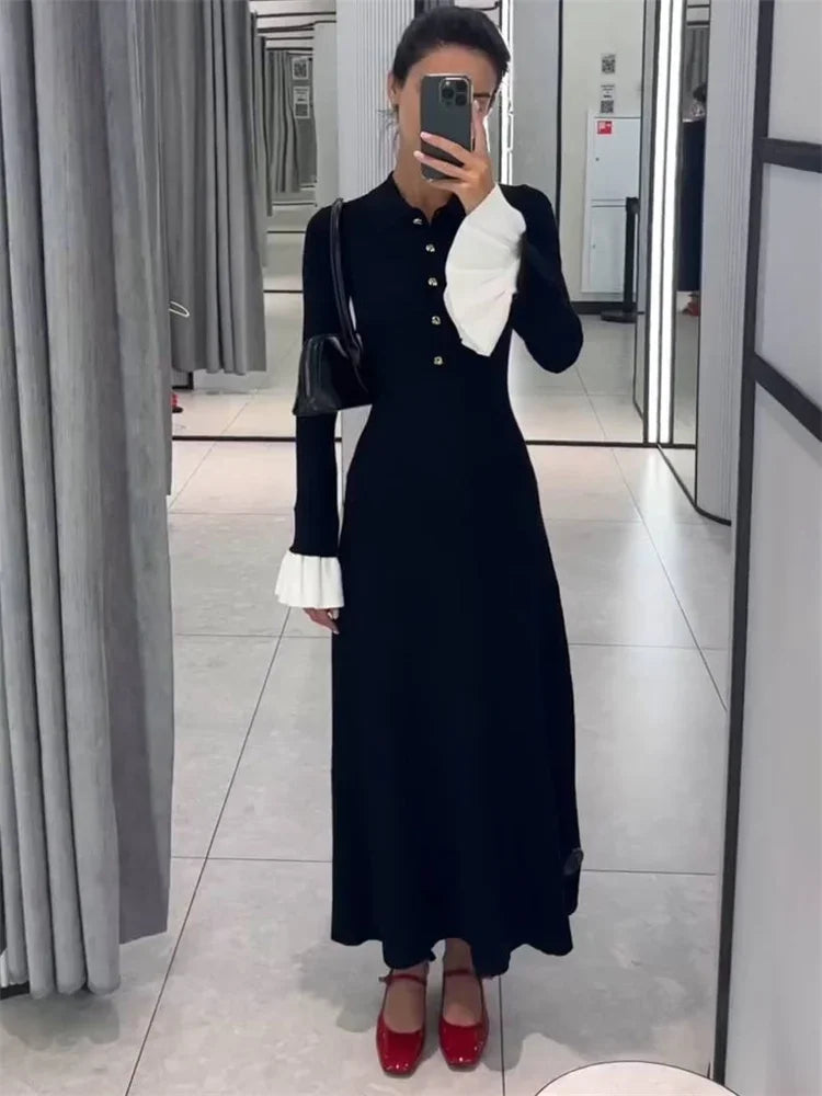Tossy Weibliche Rüschen Strickwaren Langes Kleid Mode Patchwork Schlank Kontrast Revers Casual Party Kleid Kleid frauen Stricken Maxi Kleid