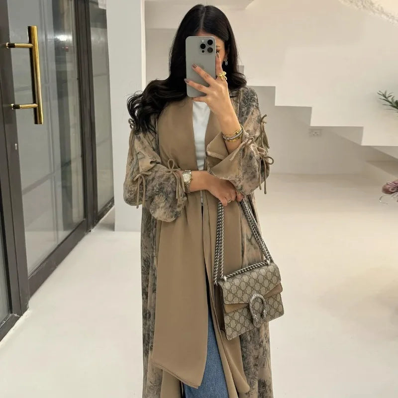 2025 sommer Arabisch Frauen Muslimische Kleidung Ramadan Dubai Offene Abaya Kleid mit Hijab Islam Gedruckt Chiffon 2 Stück Outfit