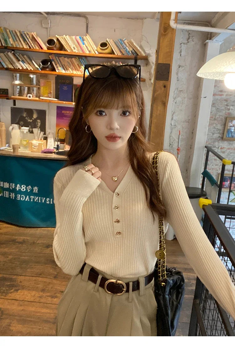 2023 herbst Winter Frauen Pullover Beiläufige Dünne Taste Gestrickte Pullover Pullover Femme Grundlegende Solide Jersey Tops Mode Kleidung