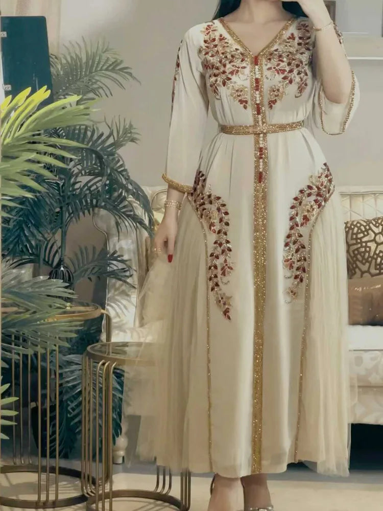 Indien Türkei Muslimischen Abaya Kleider Frauen Elegante Diamant Hochzeit Abend Party Kleid Spitze Gürtel Abaya Marokko Kaftan Robe