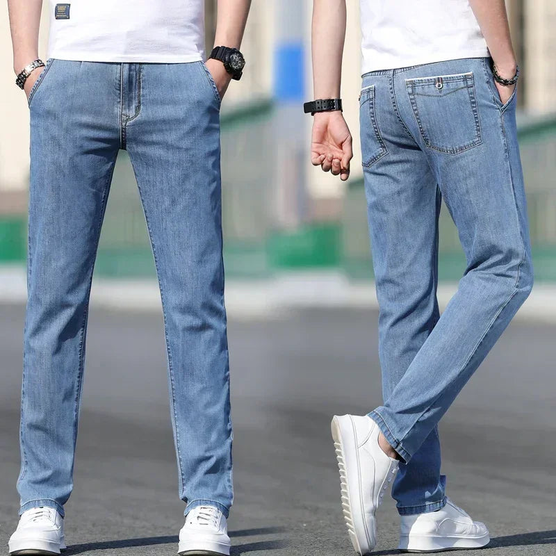 2025 sommer Neue männer Lose Grau Jeans Mode Lässig Stretch Gerade bein Denim Hosen Männlich Hellblau männer Hosen