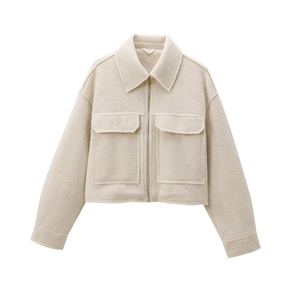 TRZA-Kurzjacke mit Taschen für Damen, Langarmmantel, Reißverschluss vorne, Damenoberbekleidung, schicke Oberteile, Mode