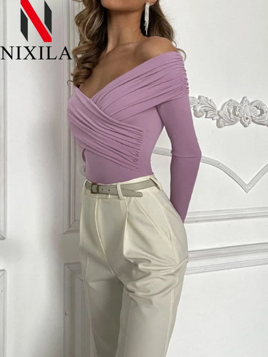 New Summer One Shoulder Jumpsuit Women‘s Bodysuit Long Sleeve Bodycon Tops Sexy Off Shoulder Skinny T-Shirts Playsuits for Women.