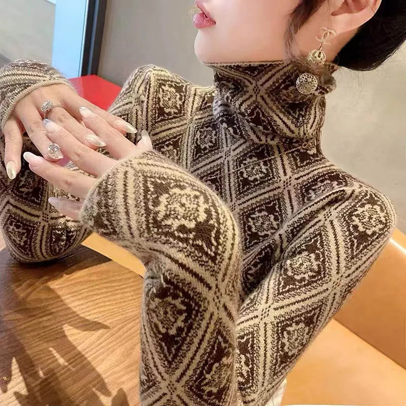 Frauen Kleidung Mode Rollkragen Argyle Stricken Pullover Herbst Winter Elegante Chic Schlanke Langarm Pullover Büro Dame Y2K Top