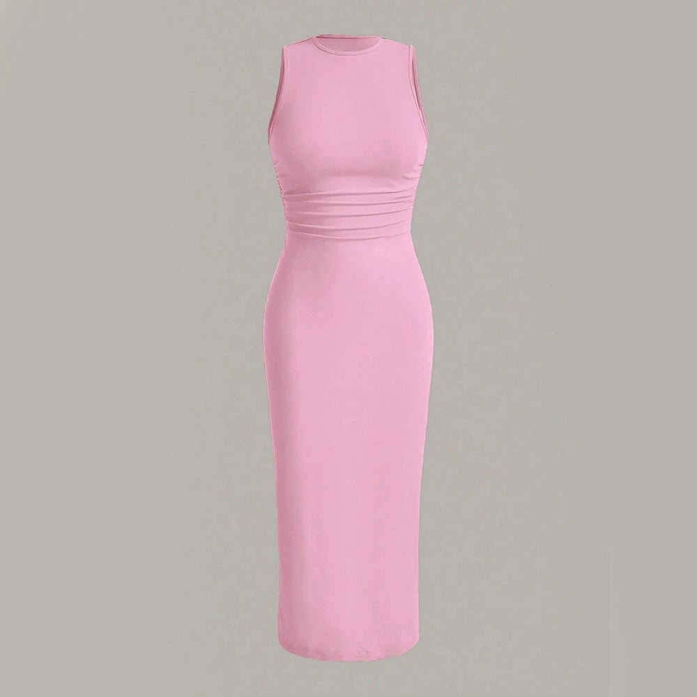 Mia Muse Damenkleider für alle Jahreszeiten, minimalistisch, schlicht, ärmellos, Rundhalsausschnitt, Wickel-MIDI-Partykleider