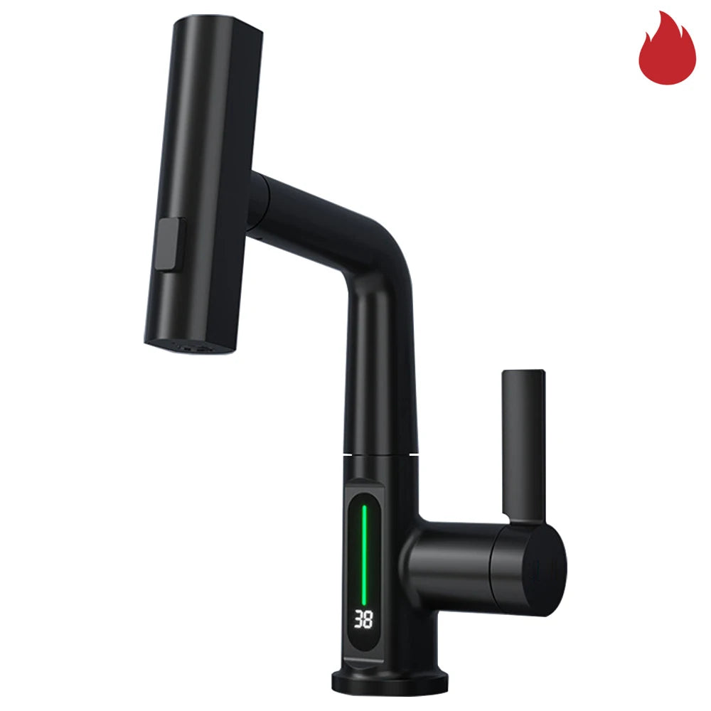 Waterfall Pull Out Kitchen Faucet White Intelligent Digital Display Cold Hot Mixer Taps Rotatable Sink Lifting Basin Faucet