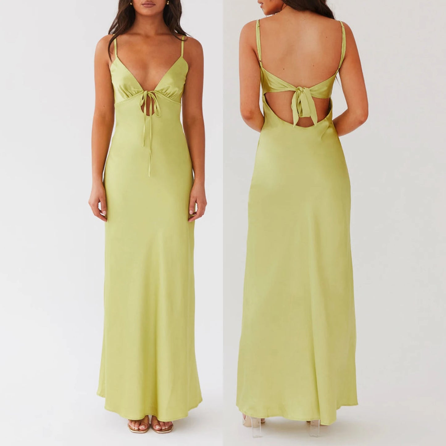 Combhasaki Damen-Kleid, elegant, einfarbig, verstellbar, dünn, Schultergurte, Ausschnitt, zum Binden vorne, rückenfrei, Sommer, langes Cami, seidiges Kleid.