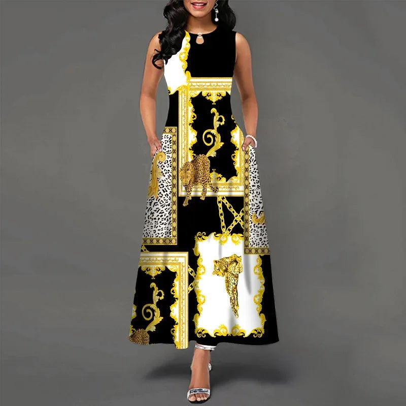 Blumendruck Neues lässiges ärmelloses langes Kleid Damen V-Ausschnitt bedrucktes Kleid Swing Bohemian Retro Kleider