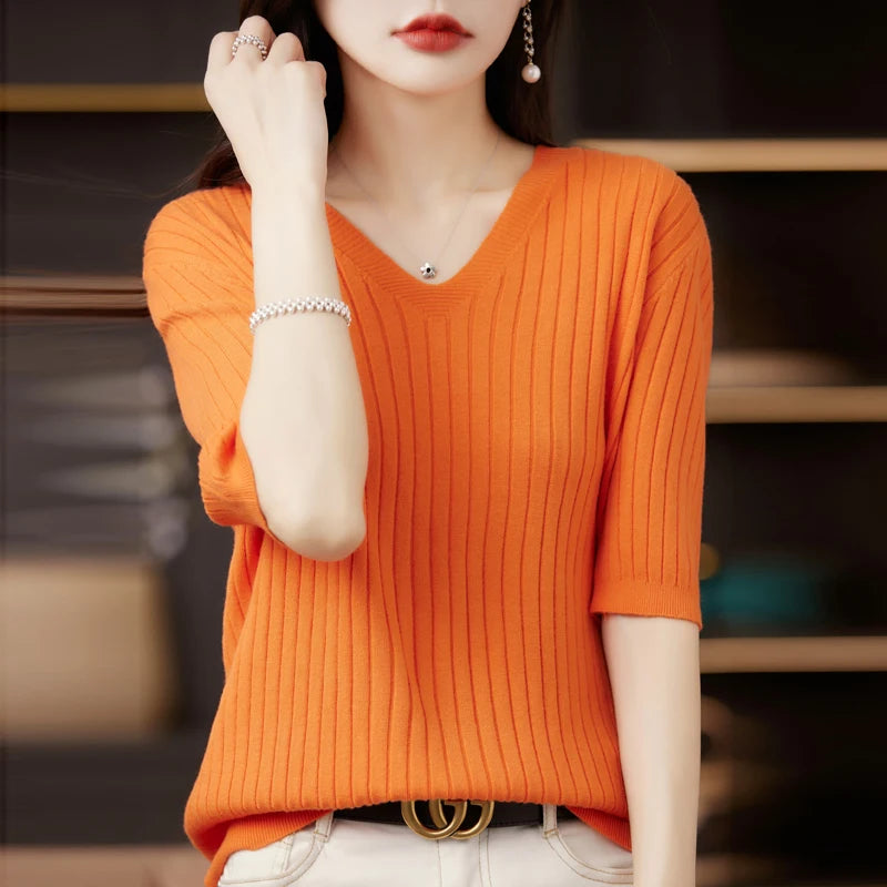 Frauen Pullover Frühling Sommer Kurzarm V-ausschnitt Strick Hemd Casual Koreanische Pullover Streifen Bodenbildung Shirt Slim Fit Jumper